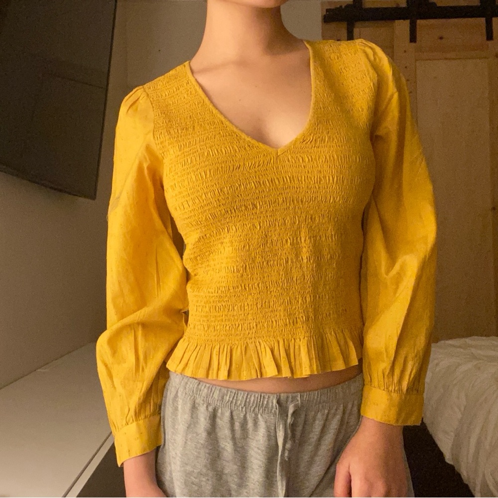 American Eagle Yellow Long Sleeve Smocked Blouse